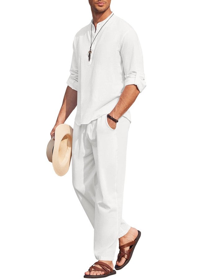 COOFANDY Men's 2 Pieces Cotton Linen Set Long Sleeve Henley Shirts Casual Beach Pants With Pockets Summer Yoga Outfits - Image 1